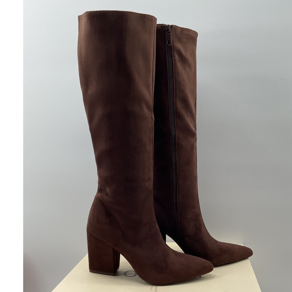 On 34th Leira Chocolate Brown Faux Suede Pointed Toe Block Heel Knee High Boots
